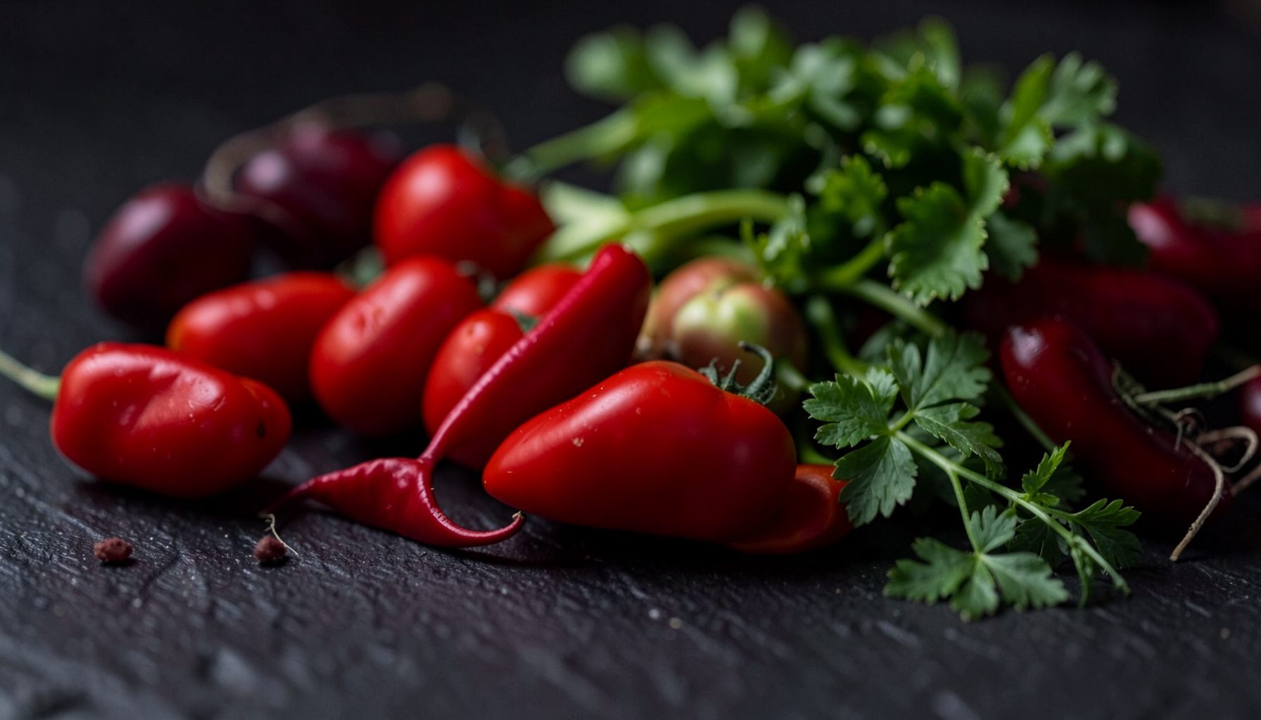 Softly lit arrangement of fresh vegetables and herbs on a dark charcoal surface, deep red accents and warm natural light