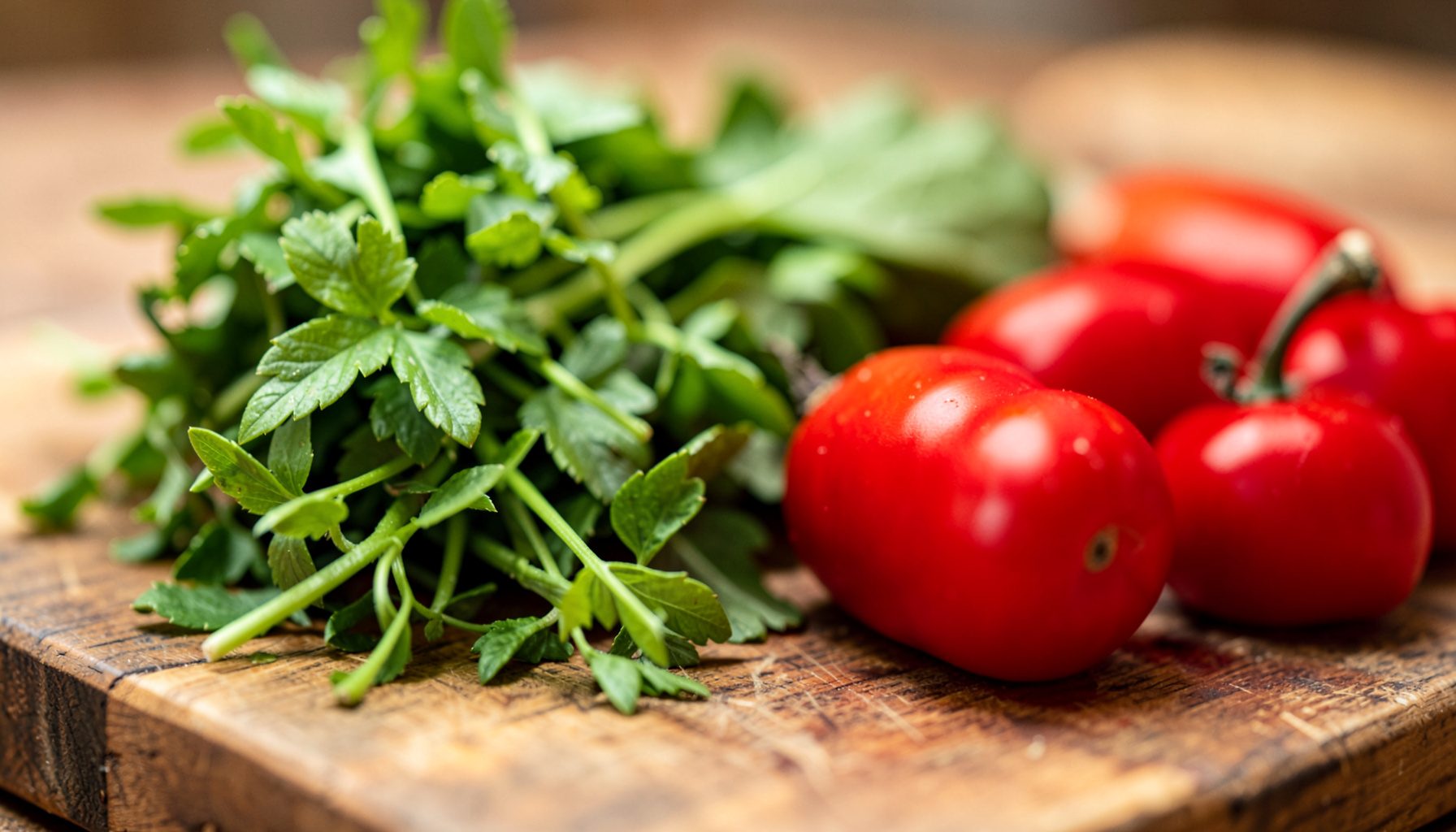 Fresh green herbs and ripe vegetables on a wooden cutting board in soft natural light