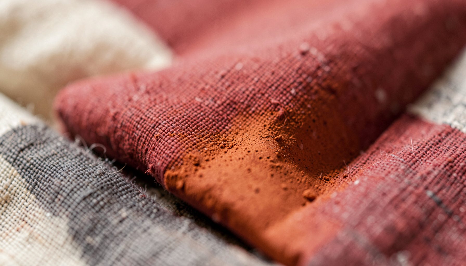 Warm terracotta clay and natural linen texture in muted red, cream, and charcoal tones